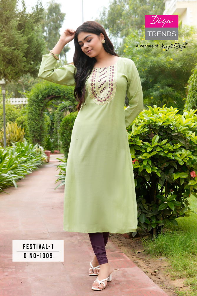 Festival Vol 1 By Diya Trends Roman Silk Embroidery Kurtis Suppliers In India